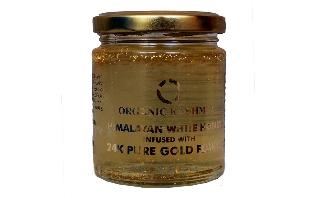 Organic Kashmir Himalayan White Honey Infused with 24 Karat Pure Gold Flakes    Glass Jar  250 grams